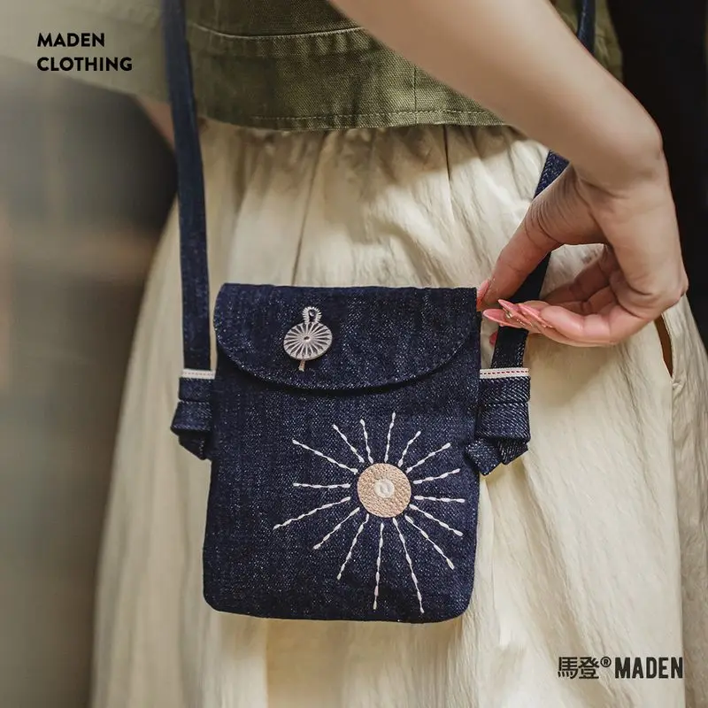 Maden Vintage Unisex Embroidered Patchwork Denim Messenger Bag Ethnic Style Denim Mobile Phone Bags Versatile Small Accessory