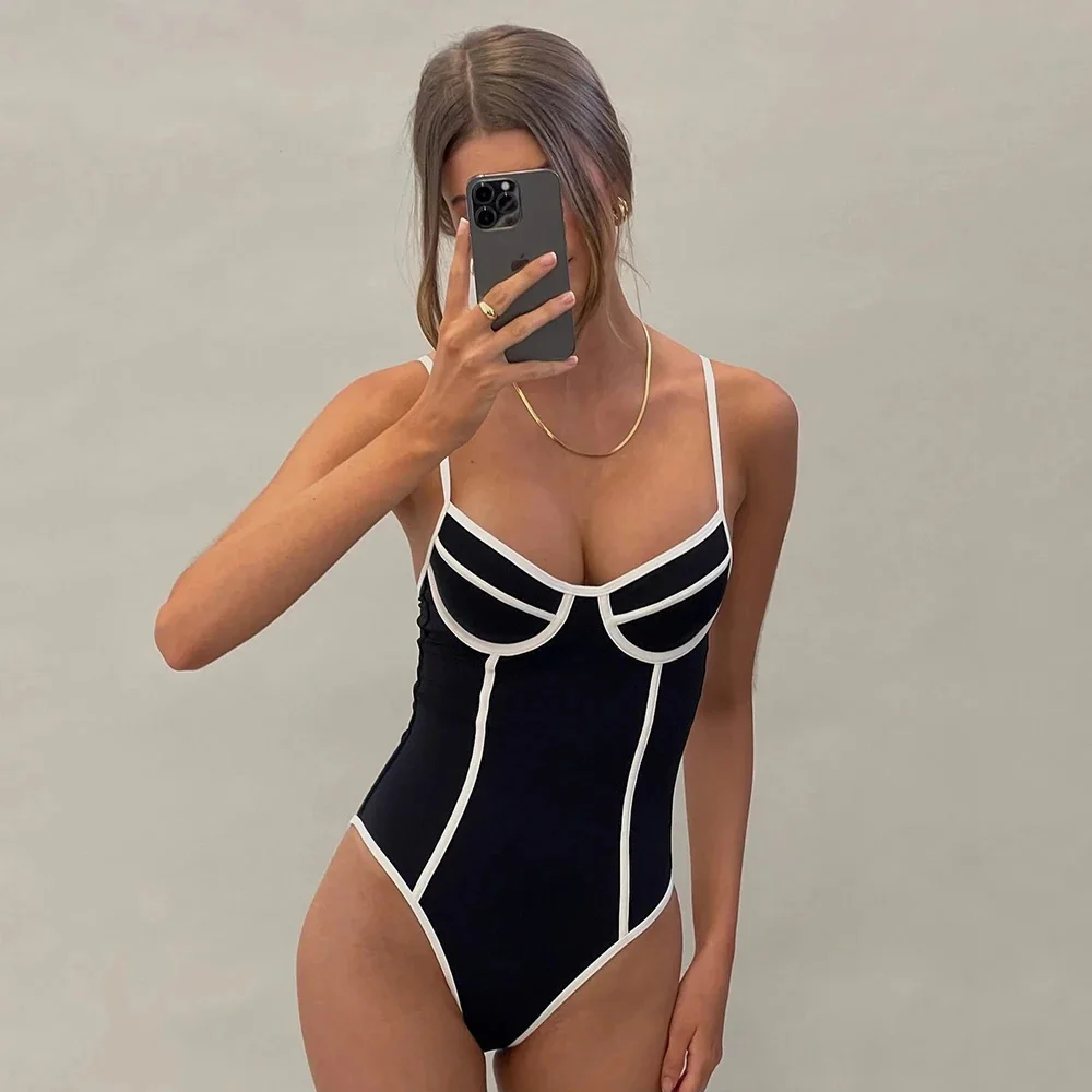 

Sexy Black White Swimwear Women Swimsuit 2024 New One Piece Swimsuit Bikini Bathing Suit Beachwear Monokini Biquini female