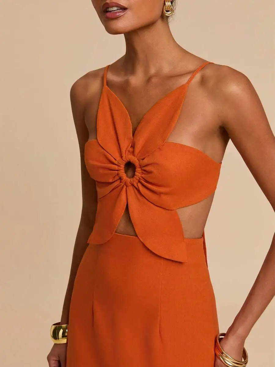 

Orange Cut-Out Floral Knot Front Dress with Thin Straps