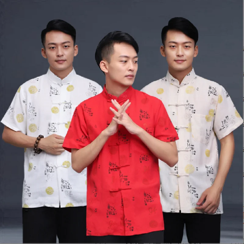 Men Chinese Traditional High Quality Cotton Linen Kung Fu Shirt Tang Suit Hanfu Clothing Casual Short Sleeve Jacket Coats