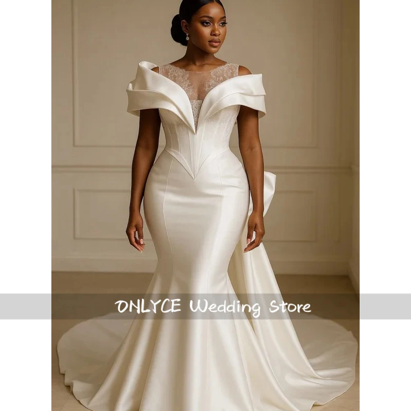 Customized 2026 African Style Mermaid Wedding Dress Luxury Satin Shoulder Design Lace Decoration Backless Strap Vestido De Novia