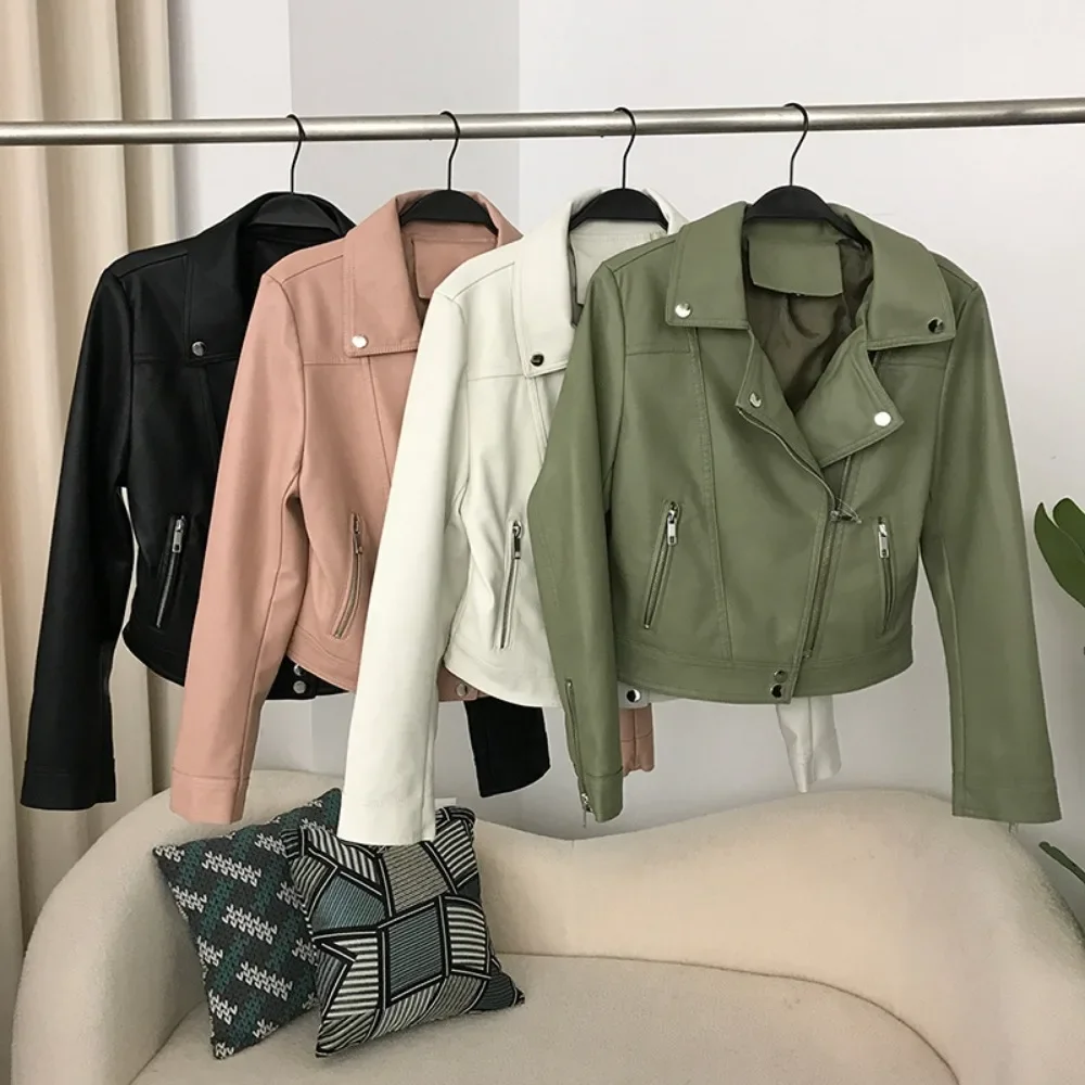 2024 New Spring Autumn Motorcycle Faux Leather Jacket Women Soft Streetwear Zipper Short Pu Coat Female Slim Outwear