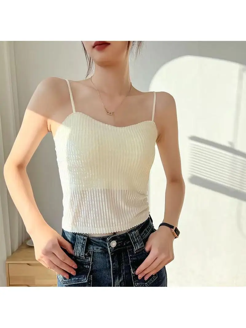 เสื้อกั๊กกำมะหยี่สีทองสำหรับฤดูใบไม้ร่วงและฤดูหนาว สายเล็ก บุฟองน้ำสวยงาม ใส่เป็นเสื้อนอกหรือเสื้อชั้นในสำหรับผู้หญิง