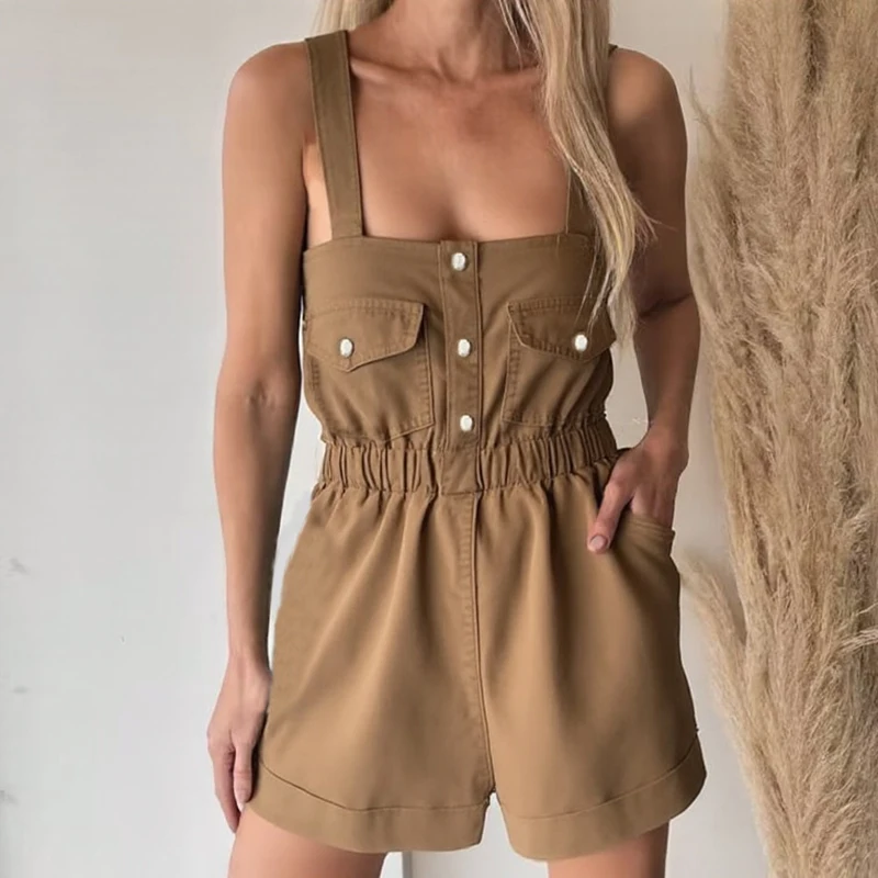 Fashion Elastic Waist Solid Hight Street Jumpsuit Women Casual Pocket Button Playsuit Sexy Off Shoulder Sleeveless Shorts Romper