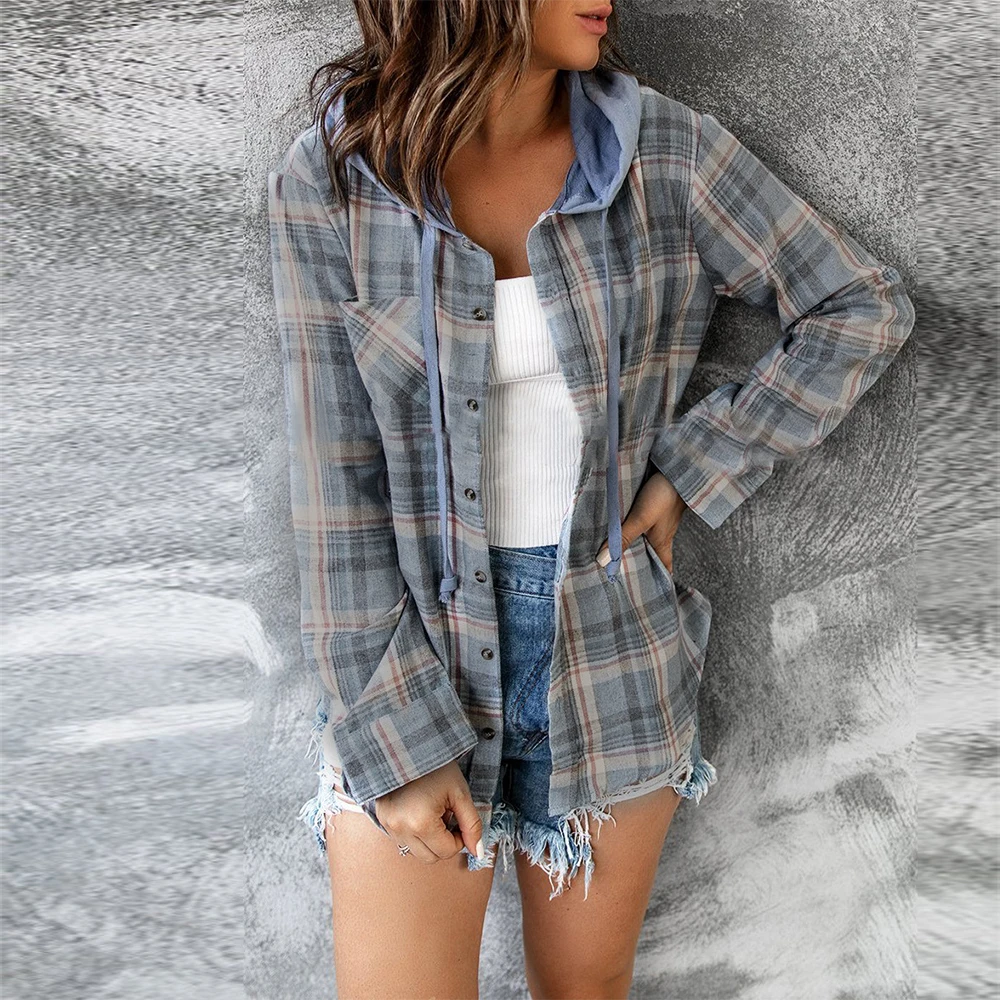 Women\'s Fashion Check Casual Loose Shirt Jacket Autumn Long Sleeve Plaid Hooded Tops Plus Size Clothing 2023-2024