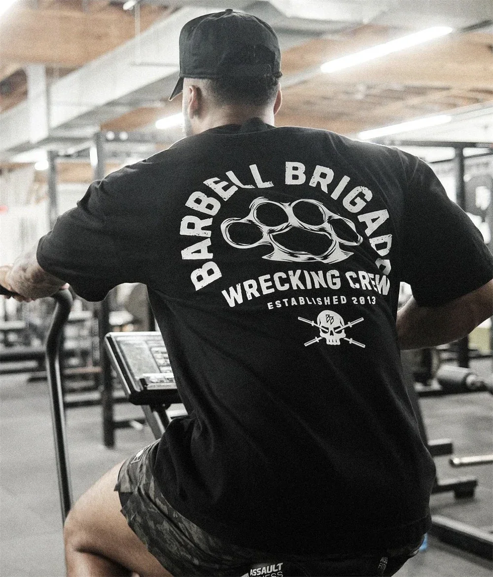 Sztanga czarna koszulka odzież sportowa koszulka Fitness męska T-shirt do biegania gruba 100% bawełniana topy sportowe kulturystyczna