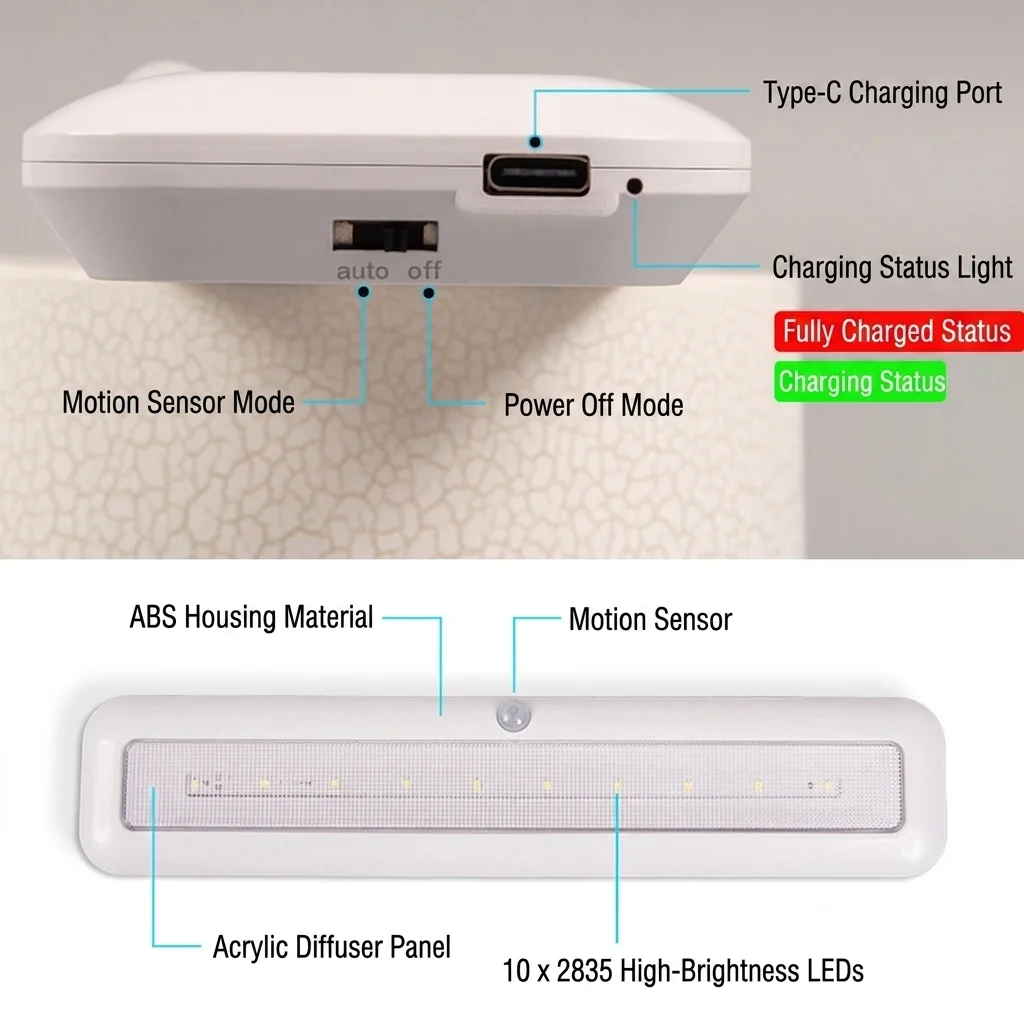 HPH LED Wall Light Motion Sensor Rechargeable Night Light Cabinet Indoor Light Fixtures for Kitchen Wardrobe Closet Light image 5