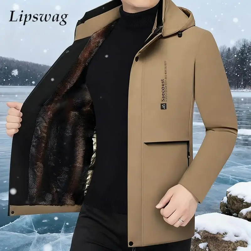 

Новое повседневное мужское пальто с капюшоном на флисовой подкладке, зимнее винтажное пуховое пальто на молнии, мужская осенняя стильная верхняя одежда с буквенным принтом