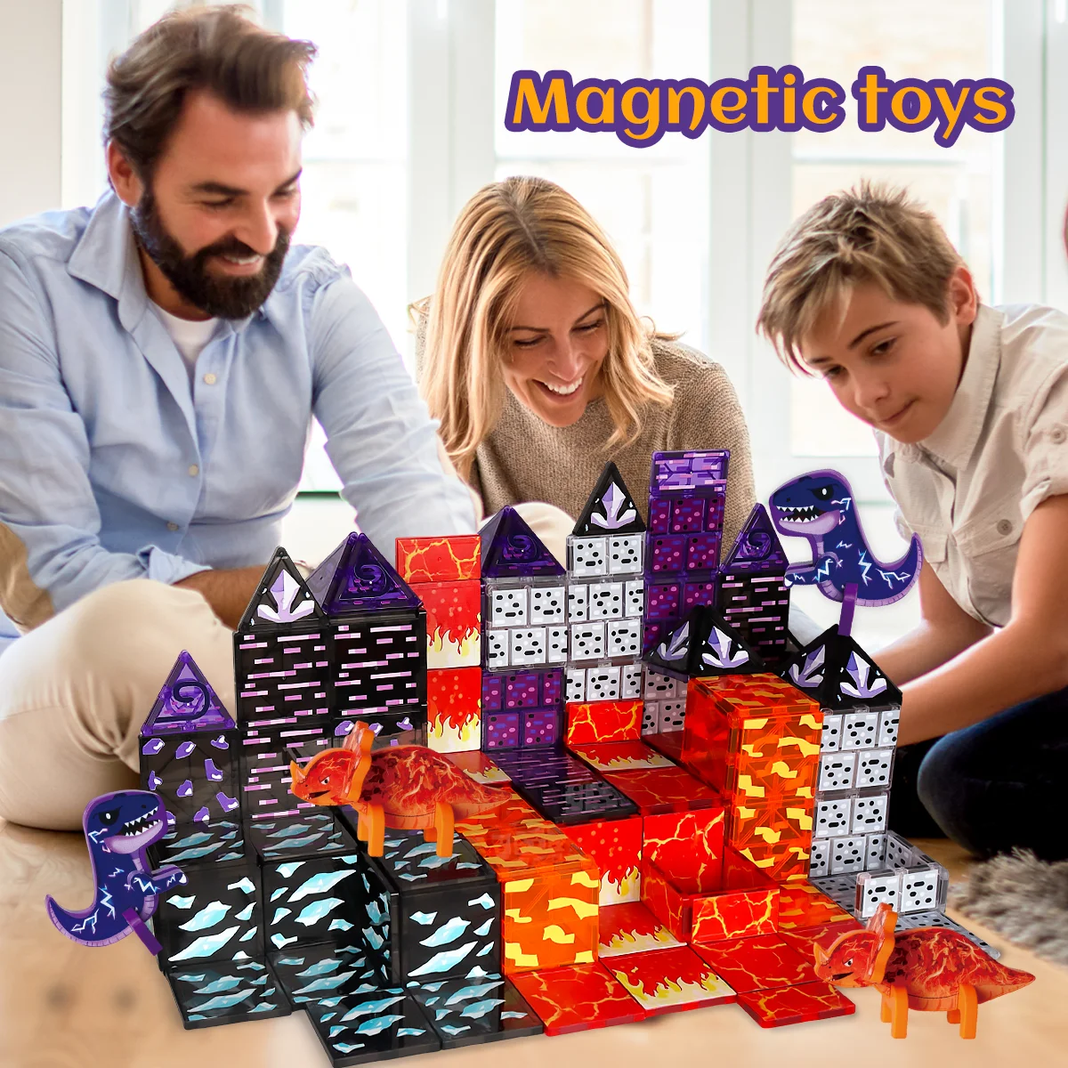 40 peças de blocos de construção magnéticos estilo lava dinossauro brinquedo telhas magnéticas, brinquedo de quebra-cabeça de formas coloridas, adequado para presentes de aniversário