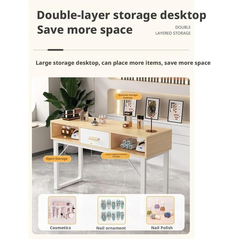 with Storage Drawers Wooden Nail Art Workstation(80x40x78cm) Manicure Table Modern Professional Double Nail Table Station