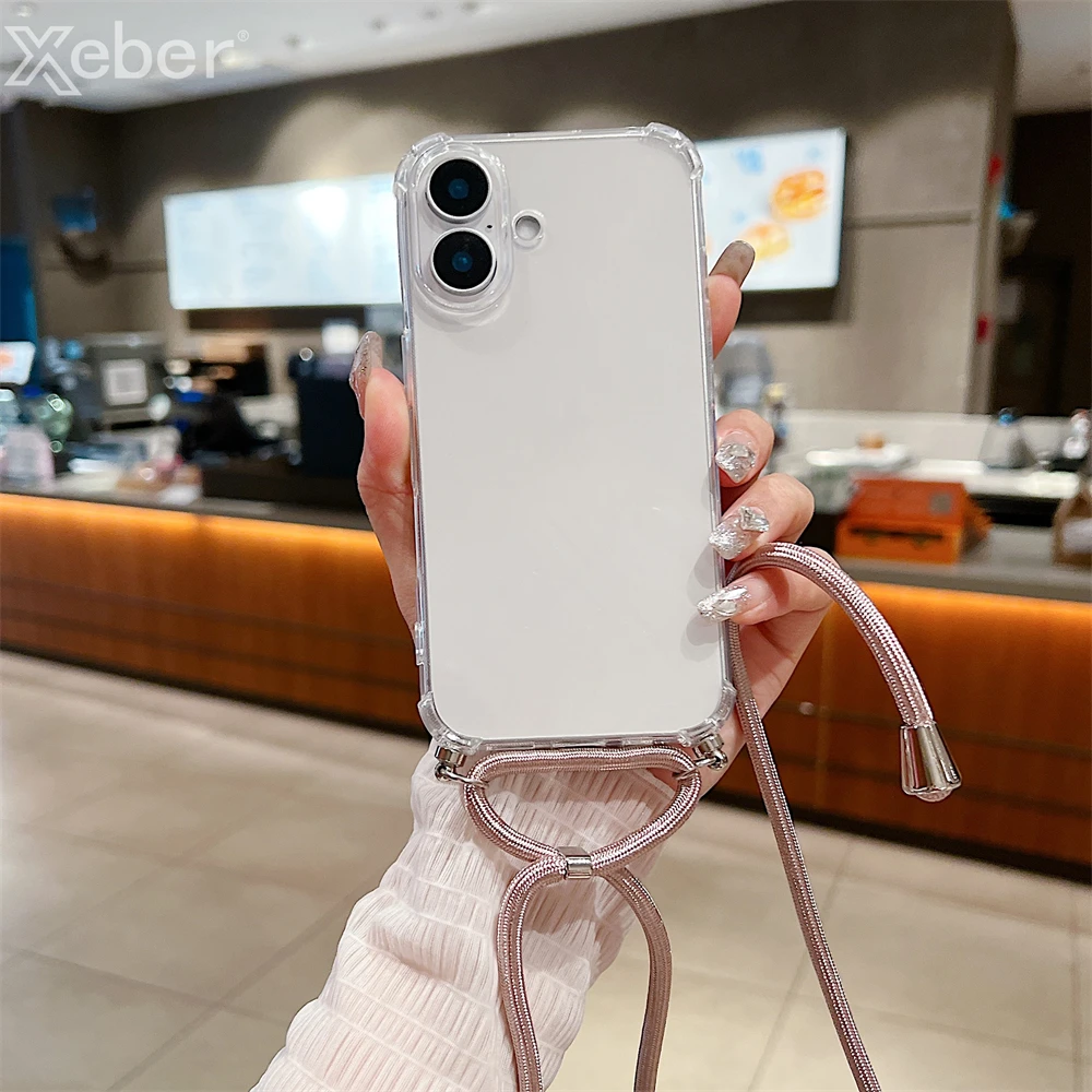 For iPhone 18 17 16 15 14 ProMax Crossbody Necklace Cord Lanyards Transparent Case For iPhone 11 12 13 Pro Max XS XR Soft Cover