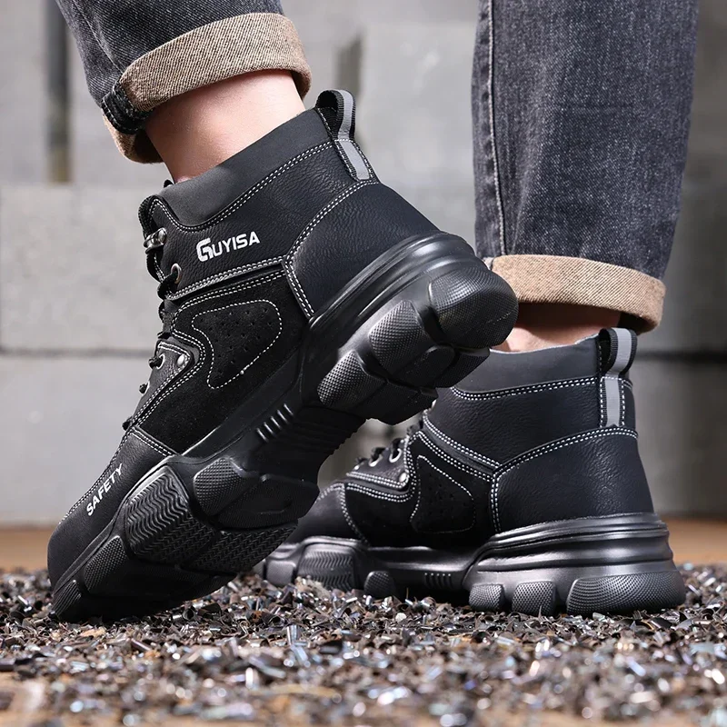 GUYISA Men Safety Shoes Steel Toe Ultra Lightweight High Cylinder Black Anti Smashing and Anti Stabbing Safety Boots Size 37-45