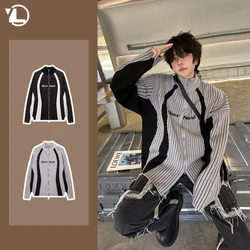 Striped Retro Cardigan Mens Stand Collar High Street Letter Jacquard Color Blocking Sweater Jacket Zipper Knitted Coats Autumn