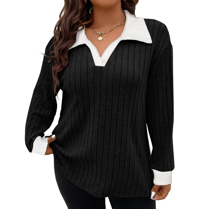 

Y88A Plus-size casual knitwear for women, V-neck, collared, solid color, lightweight long-sleeved shirt.