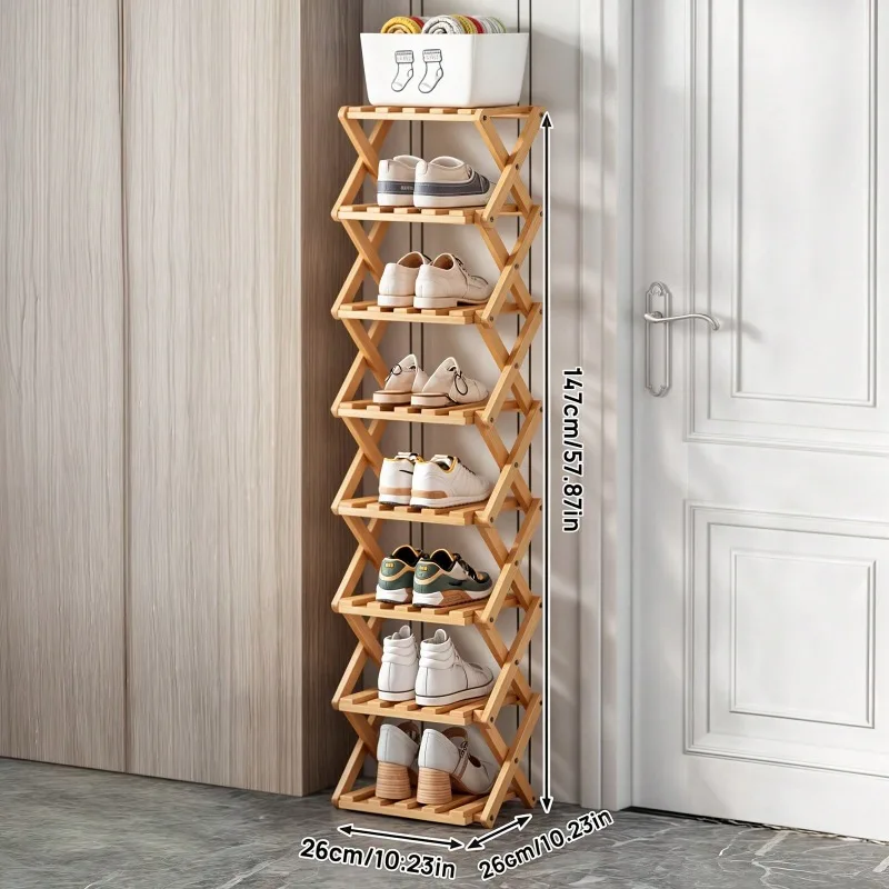 1 Piece 6/8-Tier Bamboo Minimalist Style Collapsible Shoe Organizer, Space-Saving, Large Capacity, Easy Assembly, For Apartment/Entrance/Corridor/Bedroom/Bathroom/Workplace, Brown/Natural Color Optional