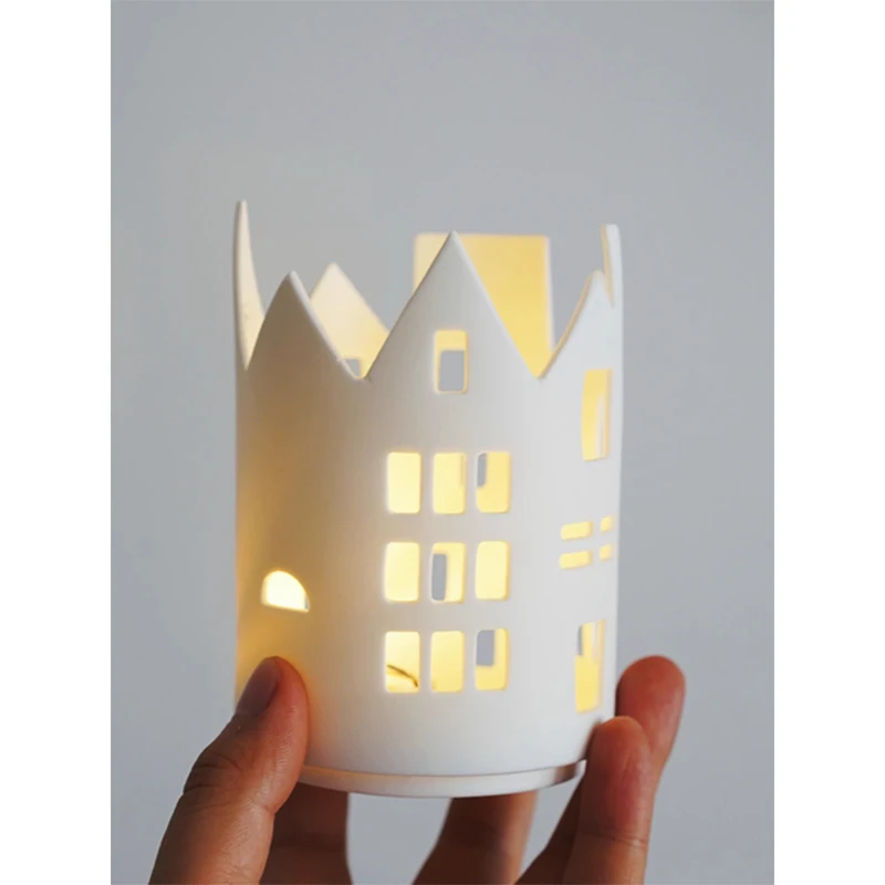 Nordic Hollow Ultra-Thin Ceramic Candle Holder, Light-Transmitting, House-Shaped Ornaments, Home Decoration, 1Pc