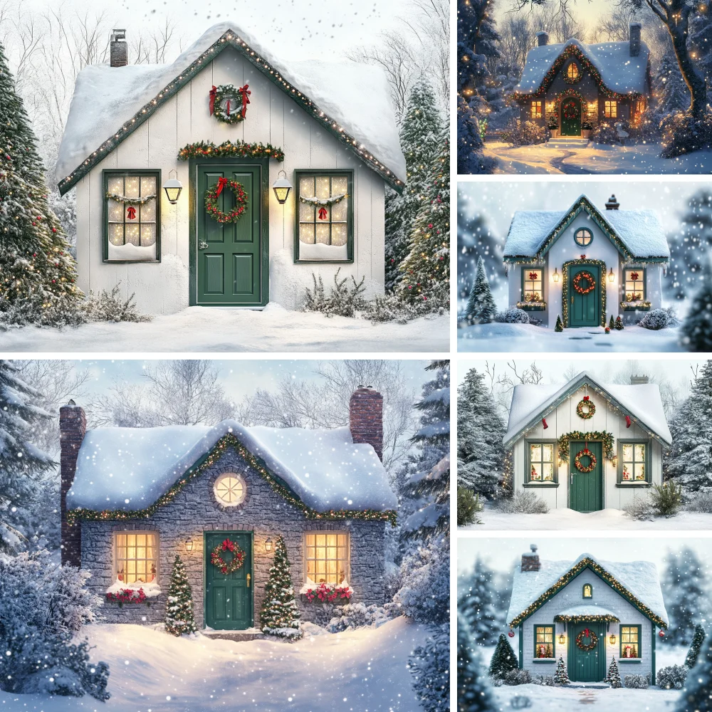 

Photography Background Christmas Wreath Vintage Cottage Snow Forest Xmas Tree Kids Family Portrait Decor Backdrop Photo Studio