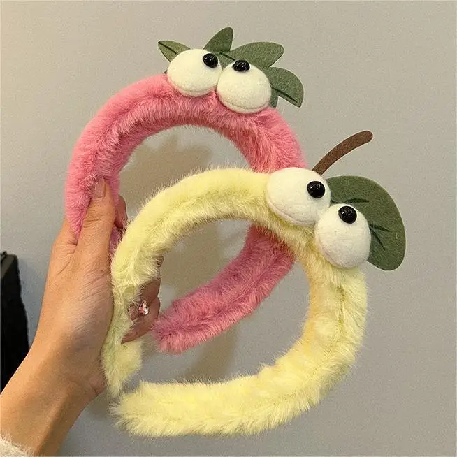 Plush Furry Eyes Headband Cute Cartoon Pink Strawberry Hair Band Women Girl Wash Face makeup Hair accessories