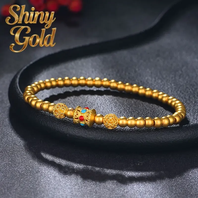 

ShinyGold9999 24K real gold ancient transfer bead bracelet exquisite hollow flower mercerized beads small golden bean bracelet f