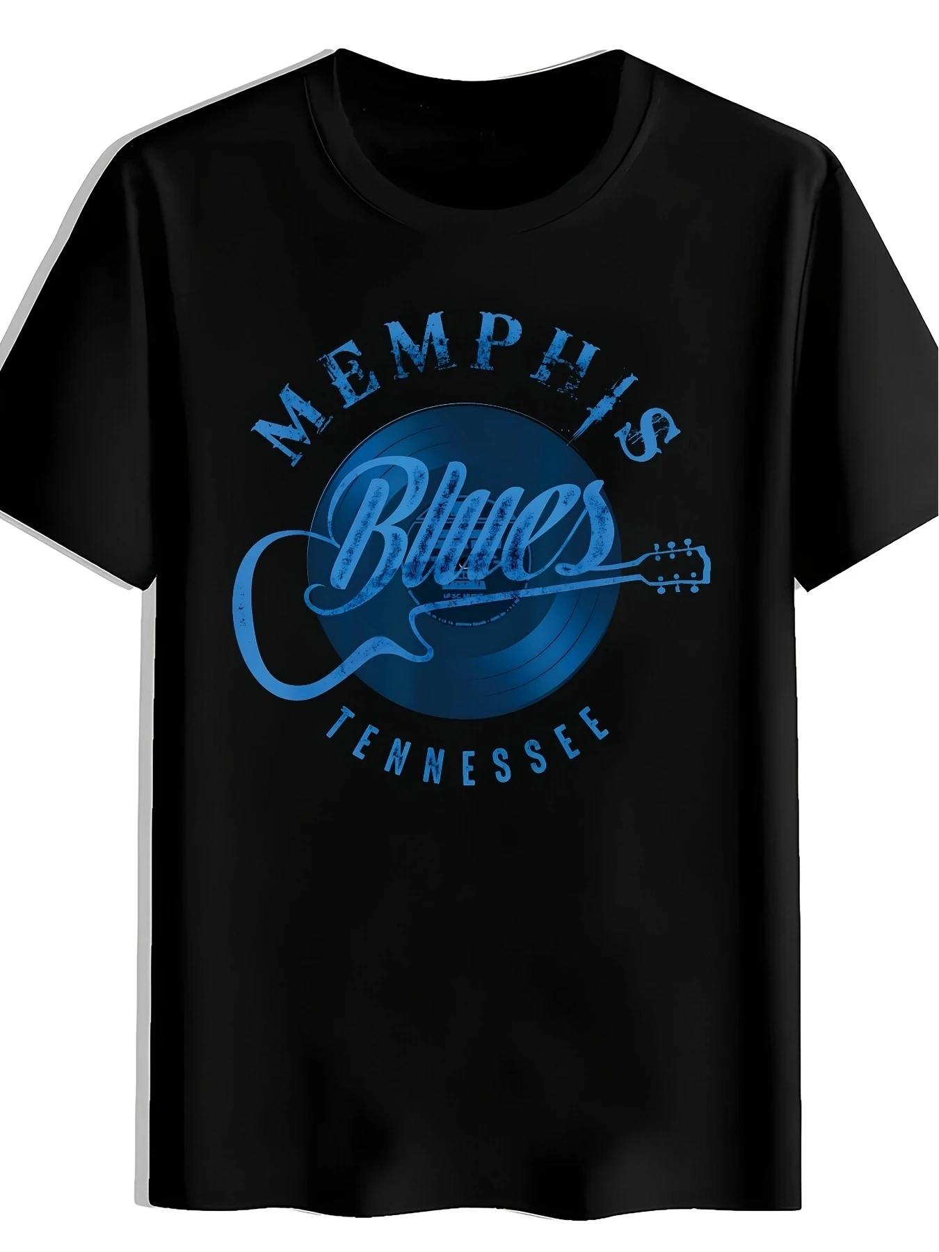 Men's Memphis Tennessee Blues Music T-shirt Retro Round Neck Blue Record and Guitar Pattern Design Casual Soft Top