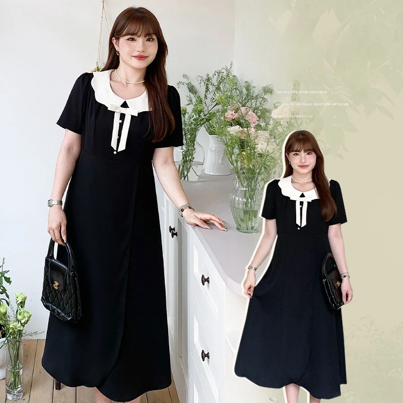 Women's Plus Size Color Block Butterfly Knot A-Line Dress, Summer Peter pan Collar Midi Dress