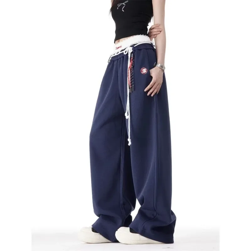 QWEEK Vintage Oversized Women's Sweatpants Baggy America Retro Casual Pants Hip Hop Sports Streetwear Wide Leg Trousers 2024