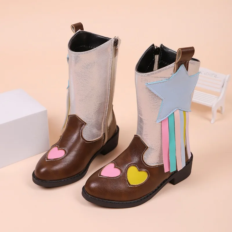 

2025 Autumn Winter New Girls Princess Riding Boots Bohemian Style Kids High Boots Side Zipper Children Mid-calf Boots Versatile