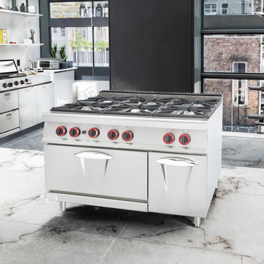 معدات المطبخ التجارية 6 شعلات، فرن من الفولاذ المقاوم للصدأ نطاق طهي الغاز مجموعة التحكم في درجة الحرارة