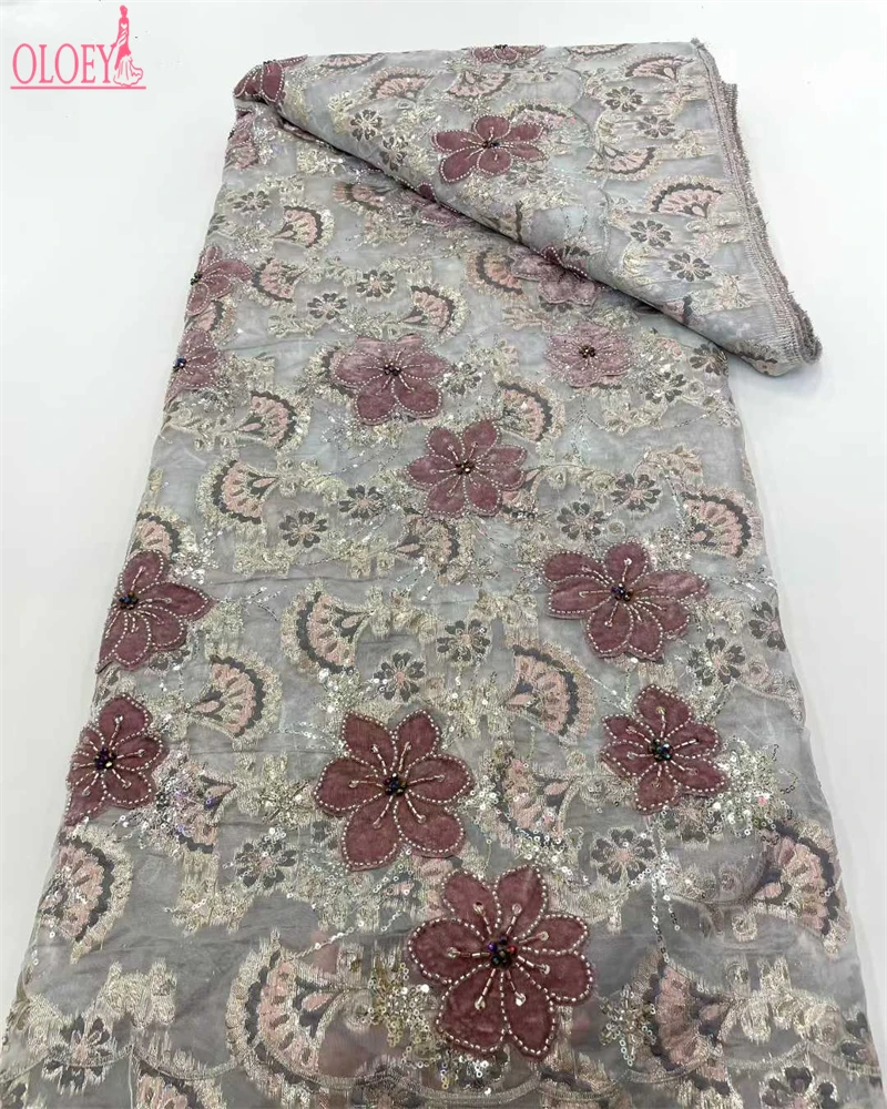 

OLOEY African Lace Fabric With Sequins French Embroidery Nigerian Velvet Lace Fabric For Wedding Party Sequins Sewing