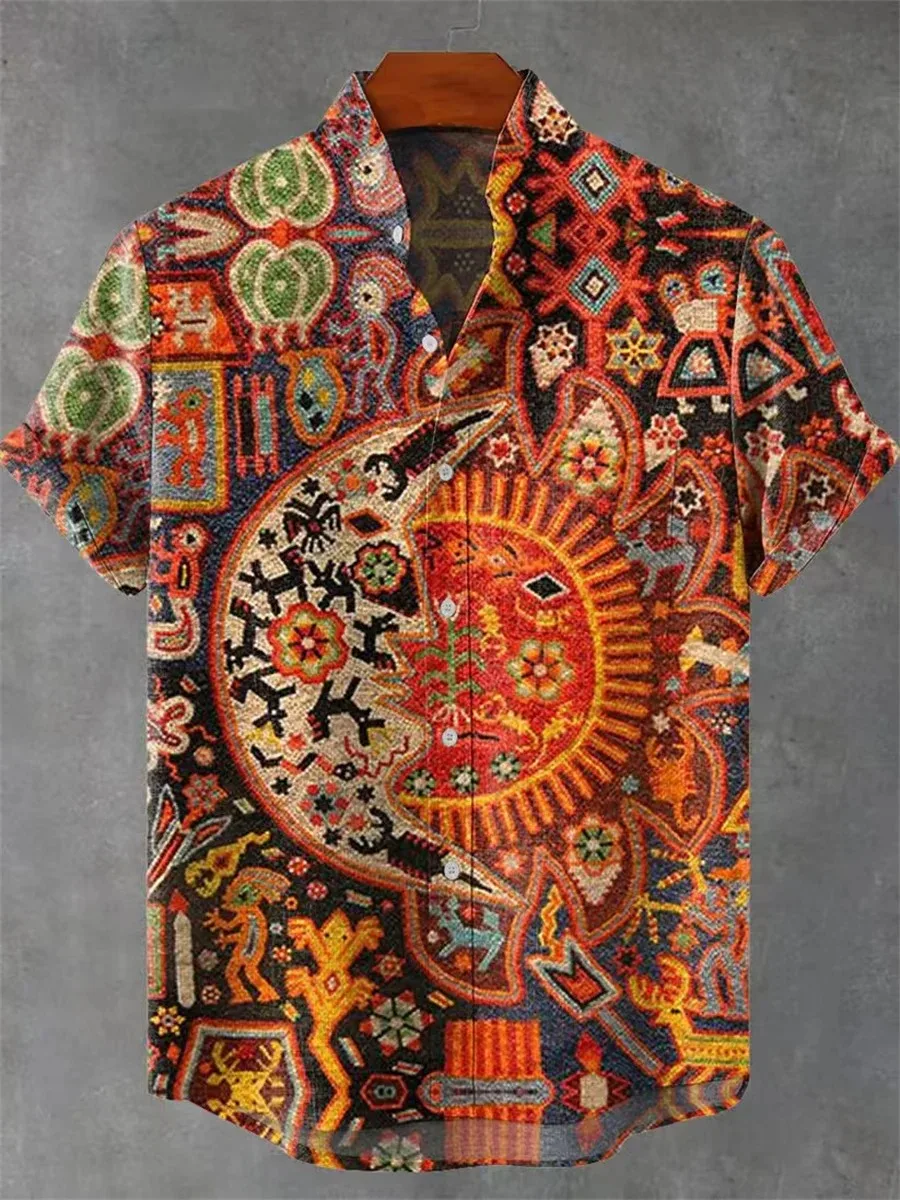 New Men's Casual 3D Printed Landscape Retro Art Linen Short-Sleeved Shirt Comfortable Button Top