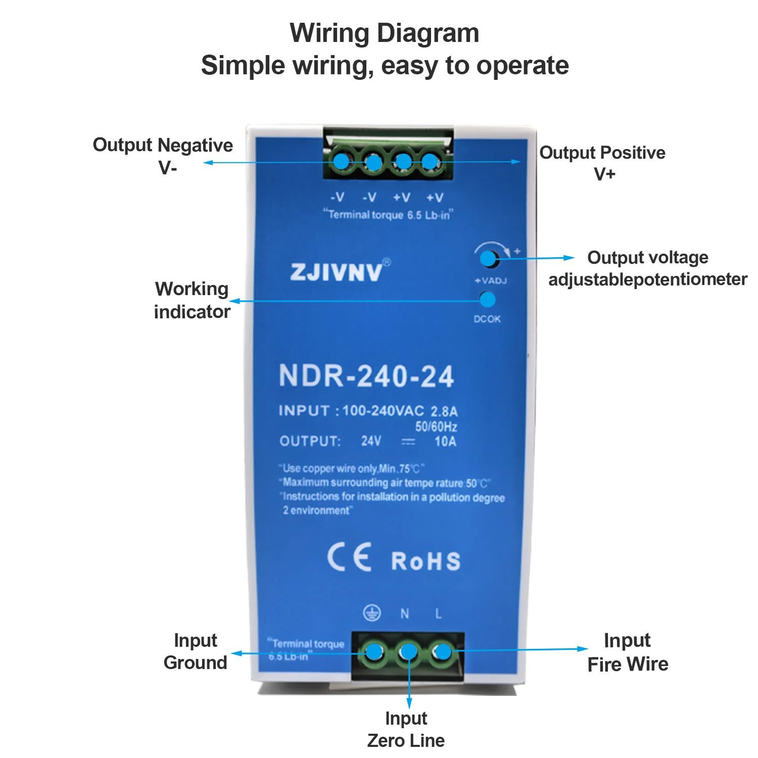 ZJIVNV NDR-240W Switching Power Supply 12/24V Ultra Thin Single Output DIN Rail Mounting AC To DC For Electrical Equipment SMPS