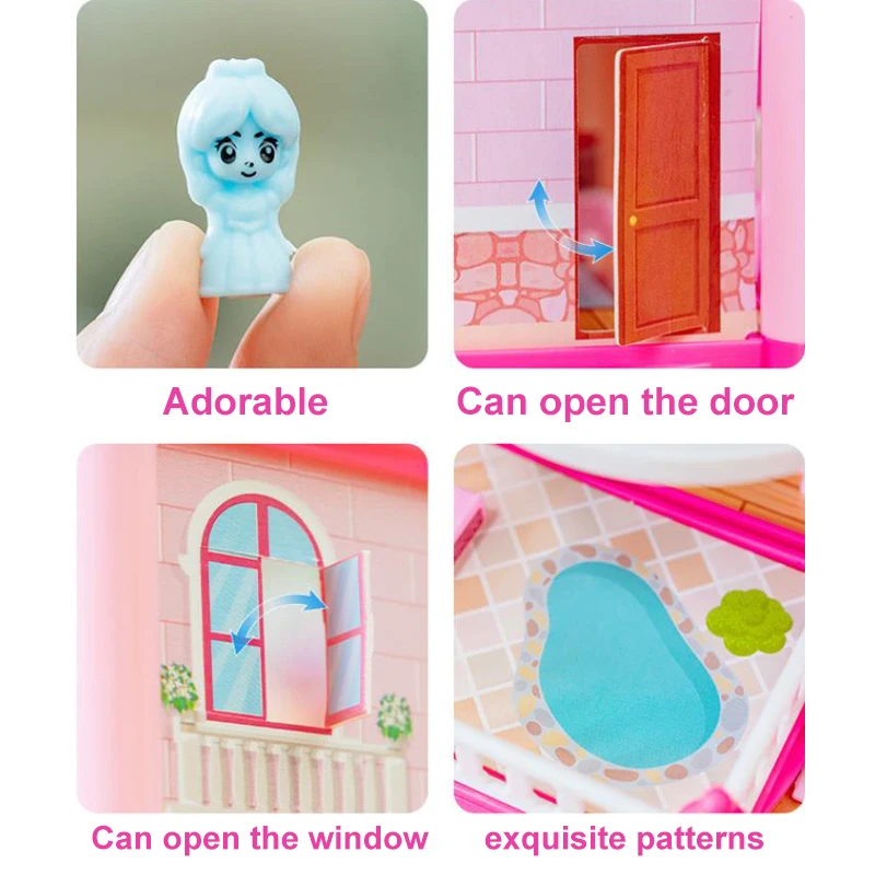 1/12 castelo casa de boneca dreamhome, casa de princesa diy, brinquedos de menina, conjunto de casa de bonecas de sonho de simulação brinquedos de menina rosa