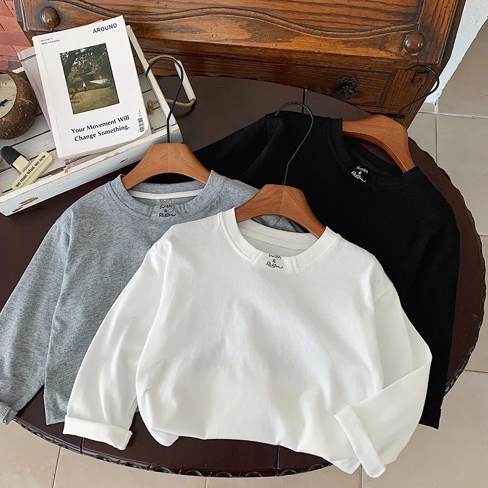 

Baby Boy T-shirt New Autumn Children Toddler Boy Top Round Neck Long Sleeved Kids Baby Boys Top Letter Embroidery Solid Boy Tees