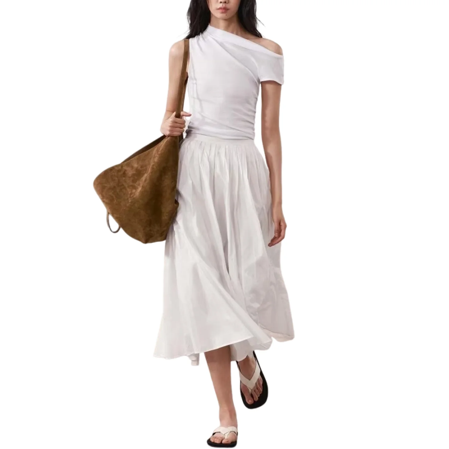 Women's Wide Hem White Mid Length Skirt Versatile Pleated Long Skirt New Commuting Temperament