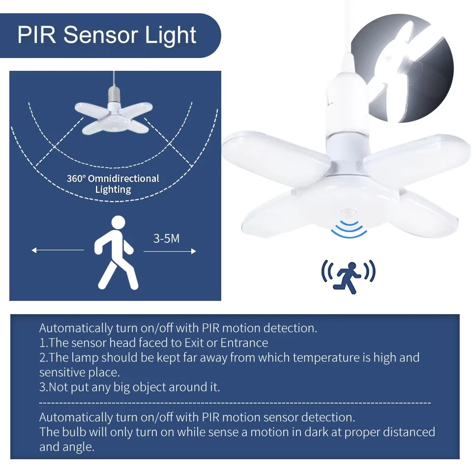 E27 Fan Foldable 28W Motion Sensor LED Bulb AC85-265V Bulb Deformation For Home Ceiling Lights Warehouse Garage Brightness Lamps