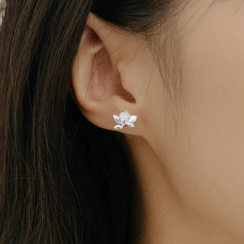 925 Sterling Silver Lotu Flower Stud Earrings for Women Vintage Plant Mini Korean Fashion Earring Piercing Jewelry - view 2