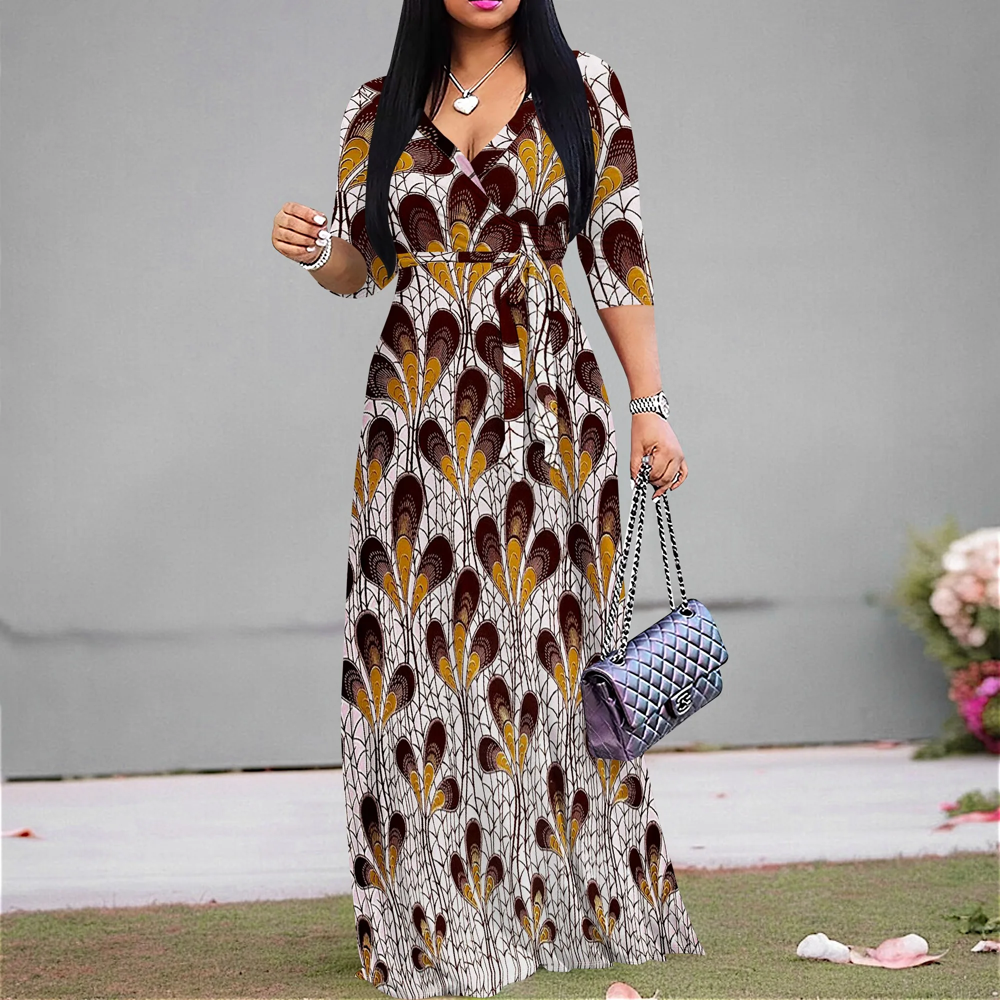 

Women's Vintage Boho Maxi Dress Abstract Feather Print V-Neck Half Sleeve A-line Dress with Belt for Holiday Vacation Wear