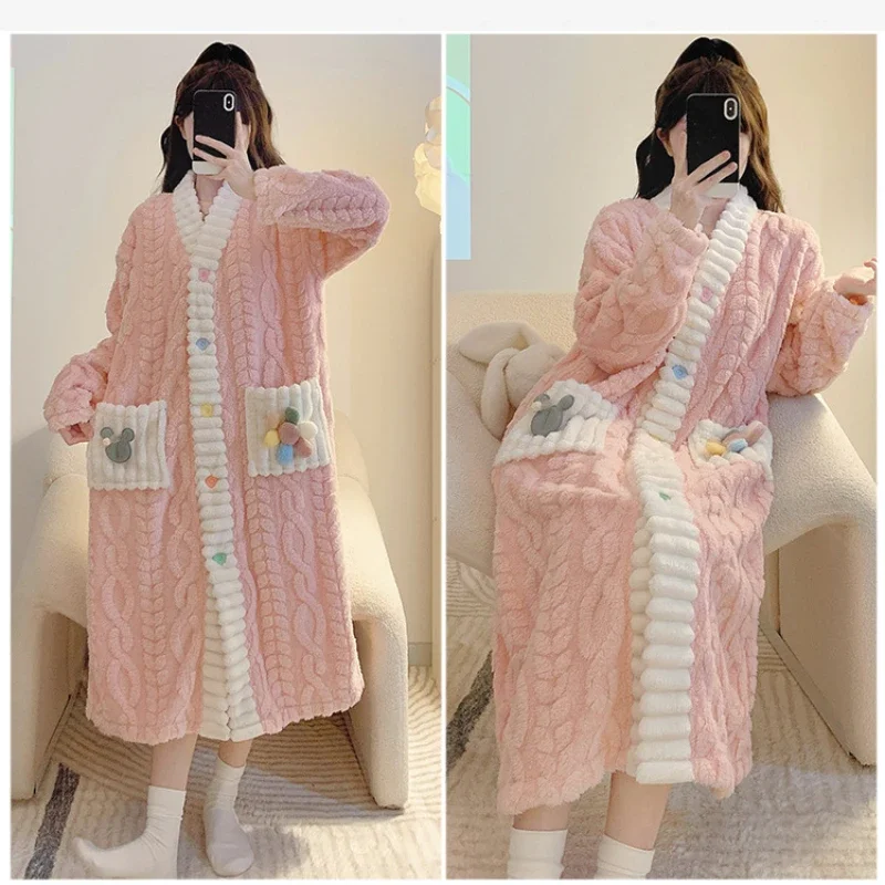 Plus Size 5XL Winter Warm Robe Pajamas Women Sweet Long Coral Velvet Bathrobe Sleepwear Thick Flannel Comfy Home Clothes