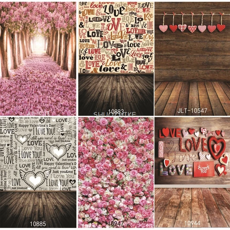 

SHUOZHIKE Thin Cloth Love Heart Photography Backdrops Prop Valentine's Day Rose Wall Wood Planks Photography Background JL-25