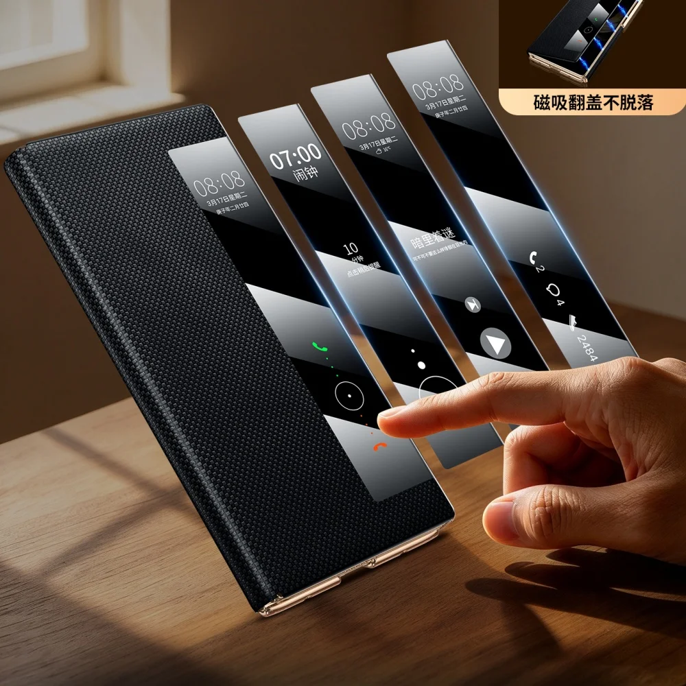 Luxury Cowhide Leather Magnetic Flip Case For Huawei Mate XT2/XT Window View Cover