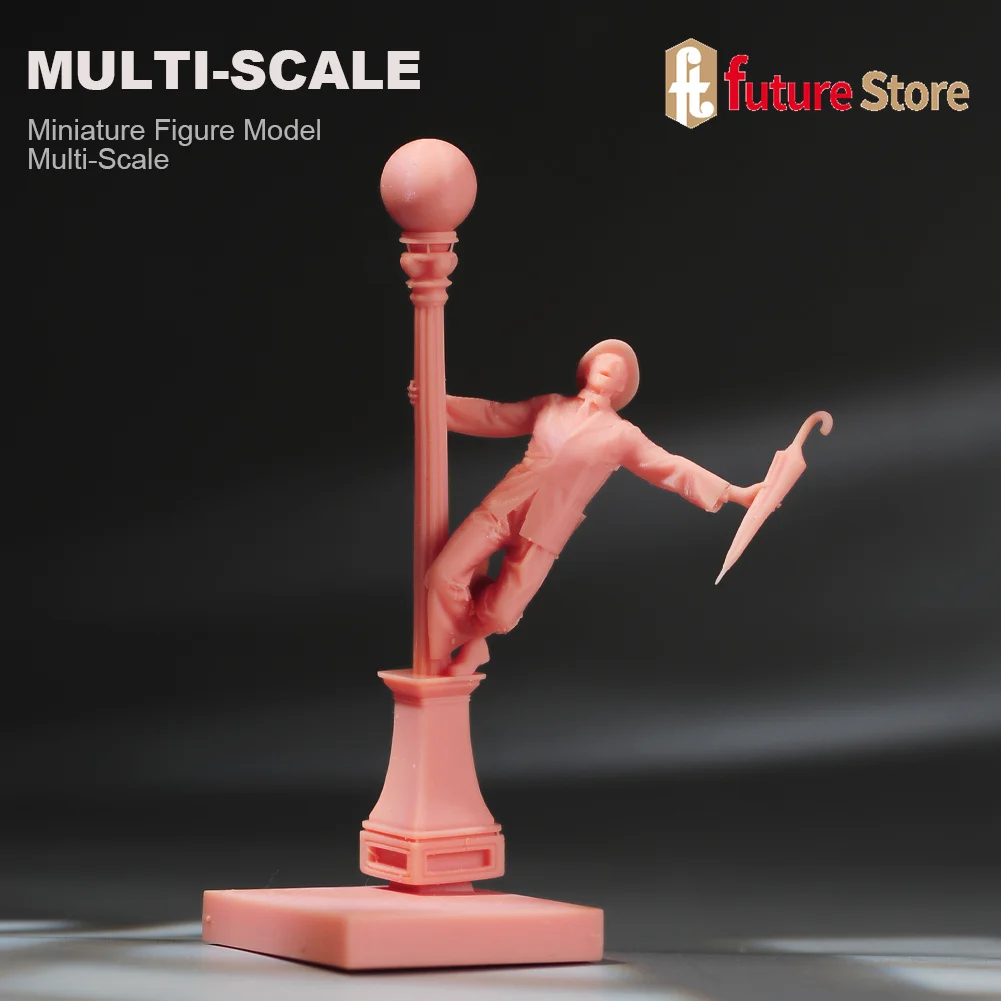 Resin 3D Print 1/87 1/64 1/43 1/24 Male Singer Sing Dance Under Streetlights Rainny Scene Props Creative Figure Model Figurine