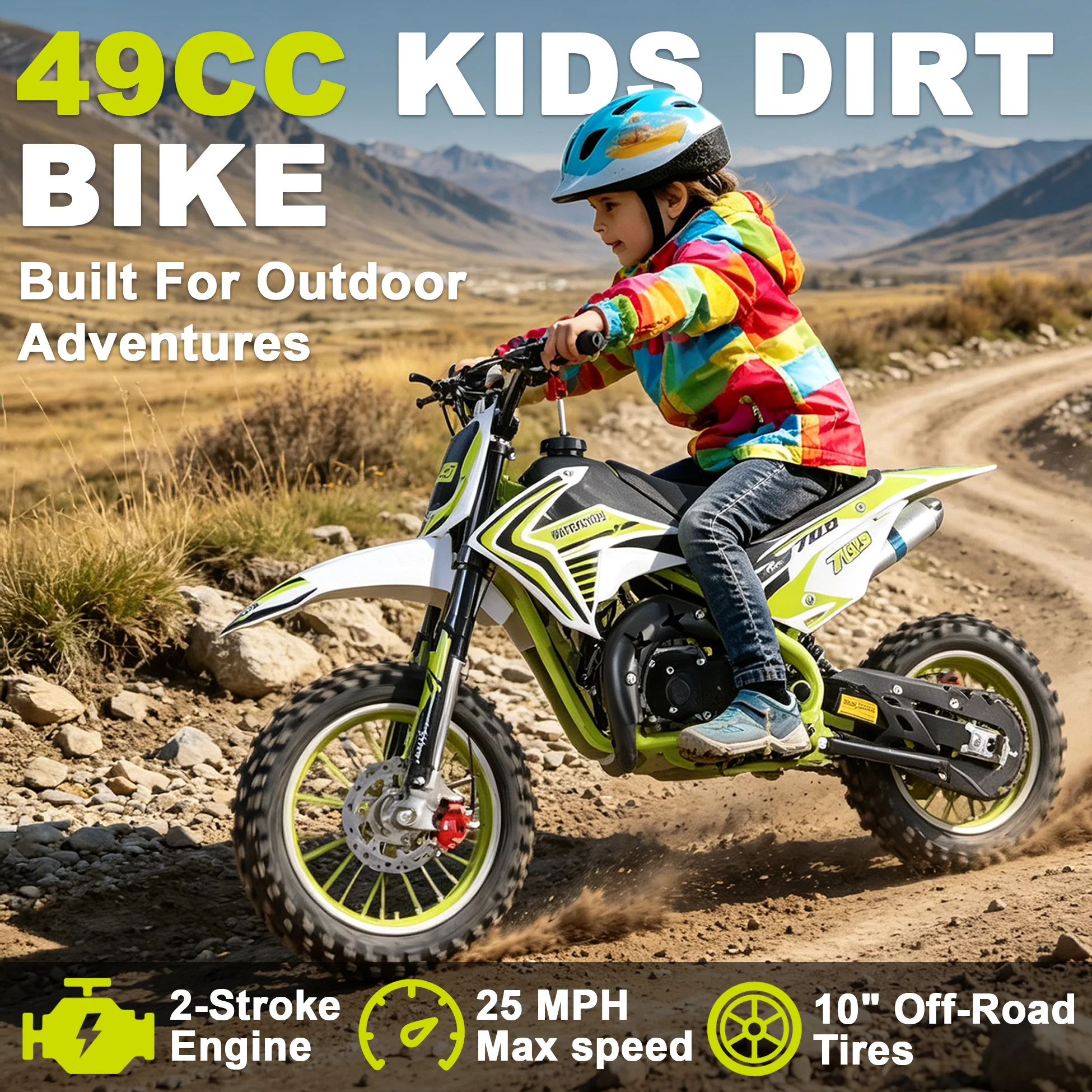 49cc 2-Stroke Mini Dirt Bike Gas Motocross Off-Road Pocket Motorbike with Front Rear Disc Brakes Christmas Gift for Kids