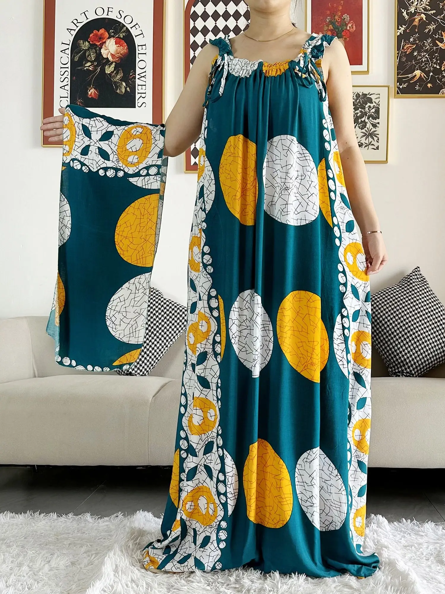 New Arrivals Women\'s Cotton Summer Sleeveless Dress With Scarfs Under Dress African Dashiki Maxi Lady Robe Loose Kaftan Vestidos