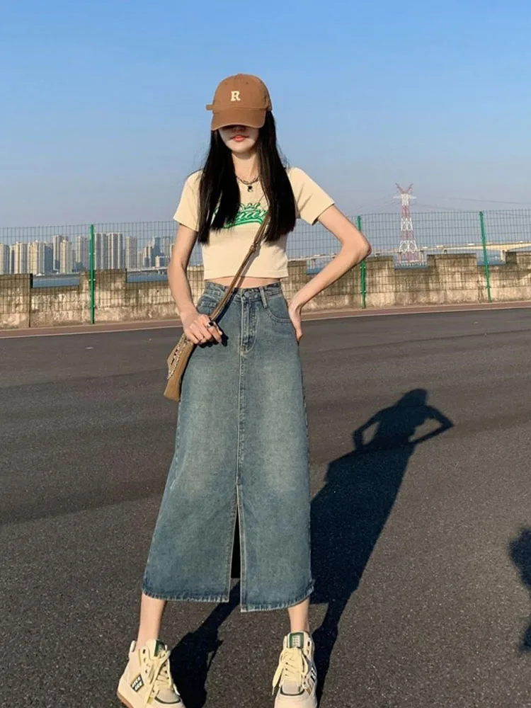 Women High Waist Denim Skirt Front Slit Long Straight Midi Skirt Light Wash Vintage Casual Summer Autumn Skirt