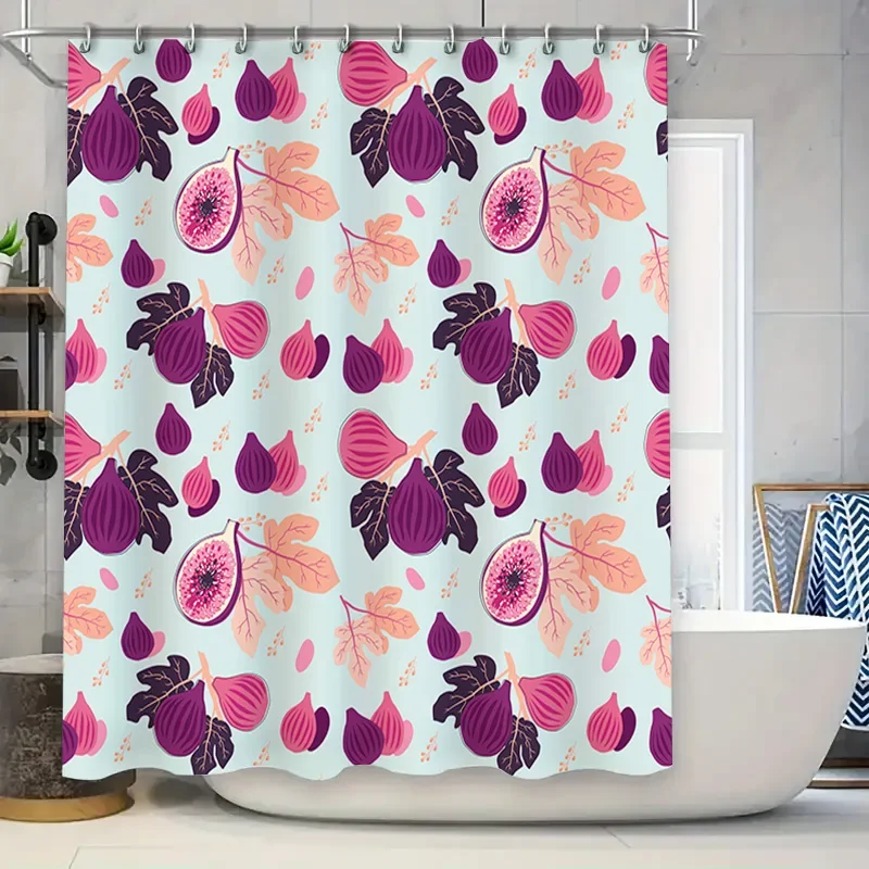 Elegante cortina de ducha de frutas con hojas de higo en rosa y morado para decoración de baño, tela impermeable de secado rápido