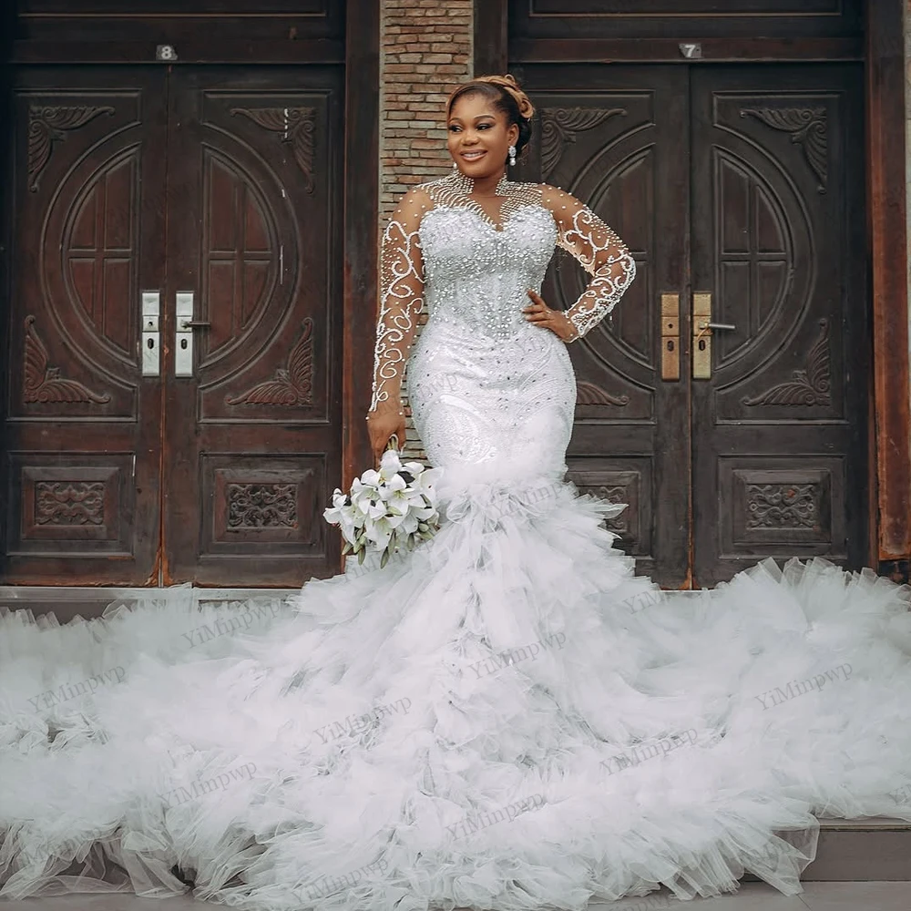 

Cascading Ruffles Mermaid Wedding Dresses for Bride Long Sleeve Corset Beading African Summer Curvy Bridal Gowns Customized