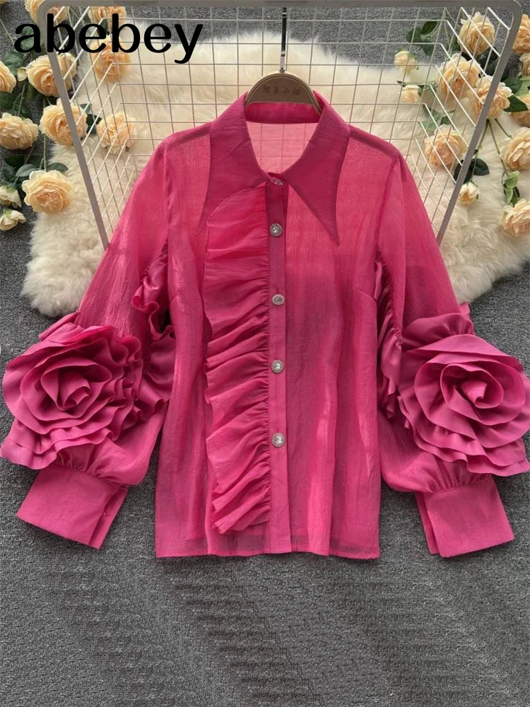 

Повседневная рубашка с рюшами и отделкой для женщин, свободная однотонная блузка с рукавами-фонариками и лацканами, женская модная одежда