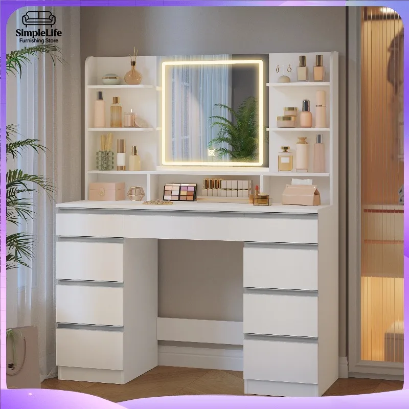 LED Dressing Table with Large Mirror Adjustable Brightness Vanity Desk Featuring One Large Drawer and Eight Small Drawers