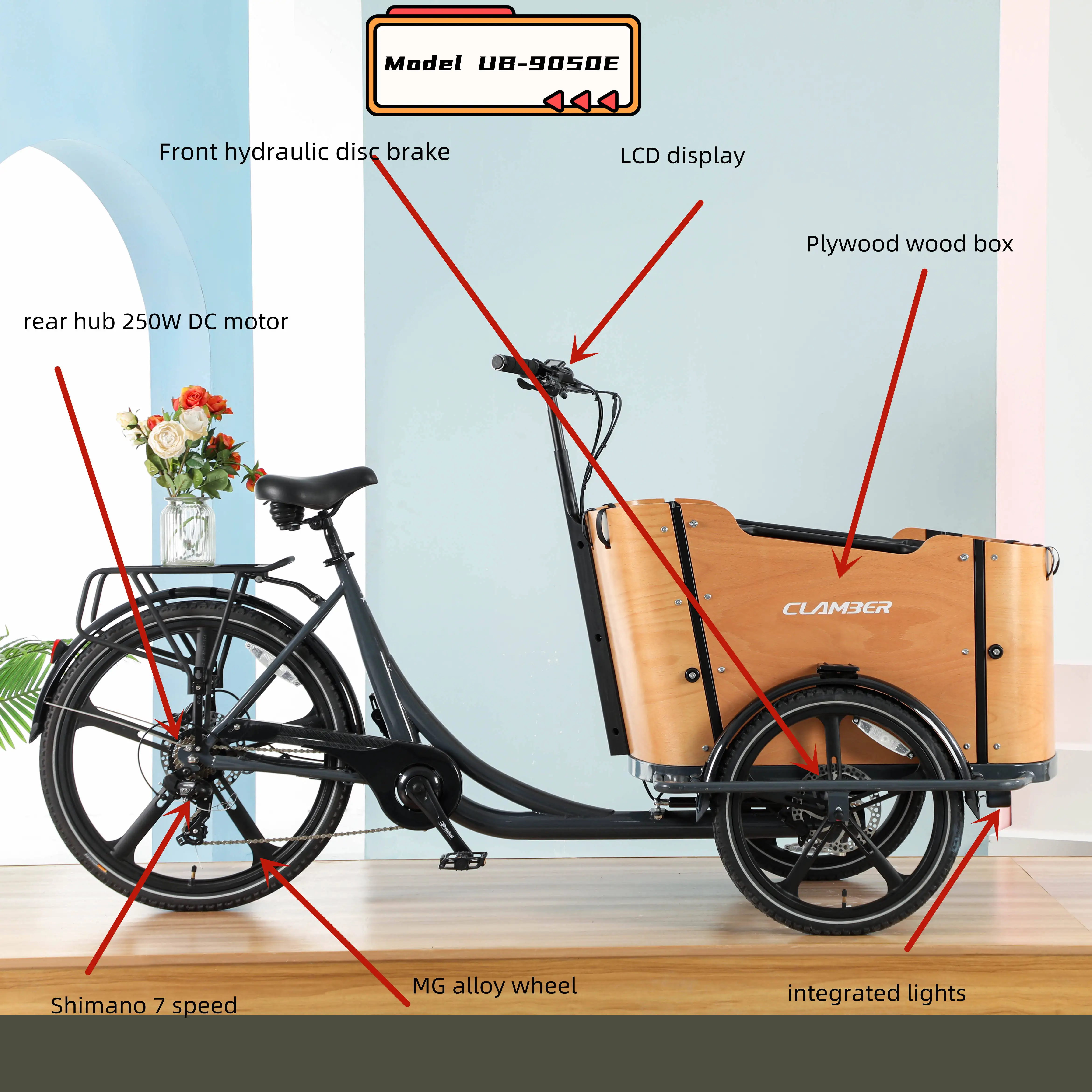 Vintage Style Three-Wheel Electric Cargo Bike with 250W Motor Front Loading 36V Voltage Family Power Assist Ebike Europe Stock
