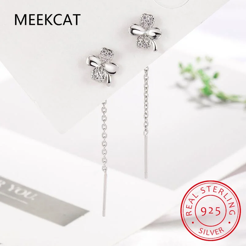 Pendientes de gota de trébol de circón para mujer, de Plata de Ley 925 auténtica, borla de cadena de 4CM, accesorios de joyería fina para fiesta, regalo